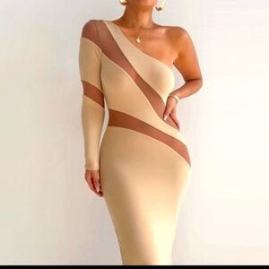 Nude sheer mesh one shoulder dress